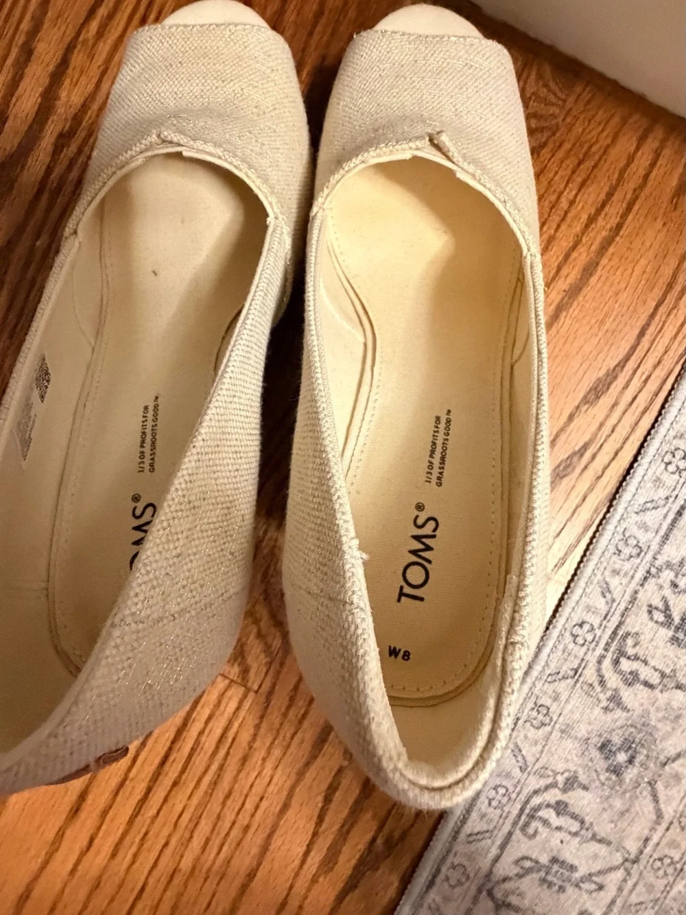 TOMS Neutral Canvas Peep-Toe Wedge Espadrilles